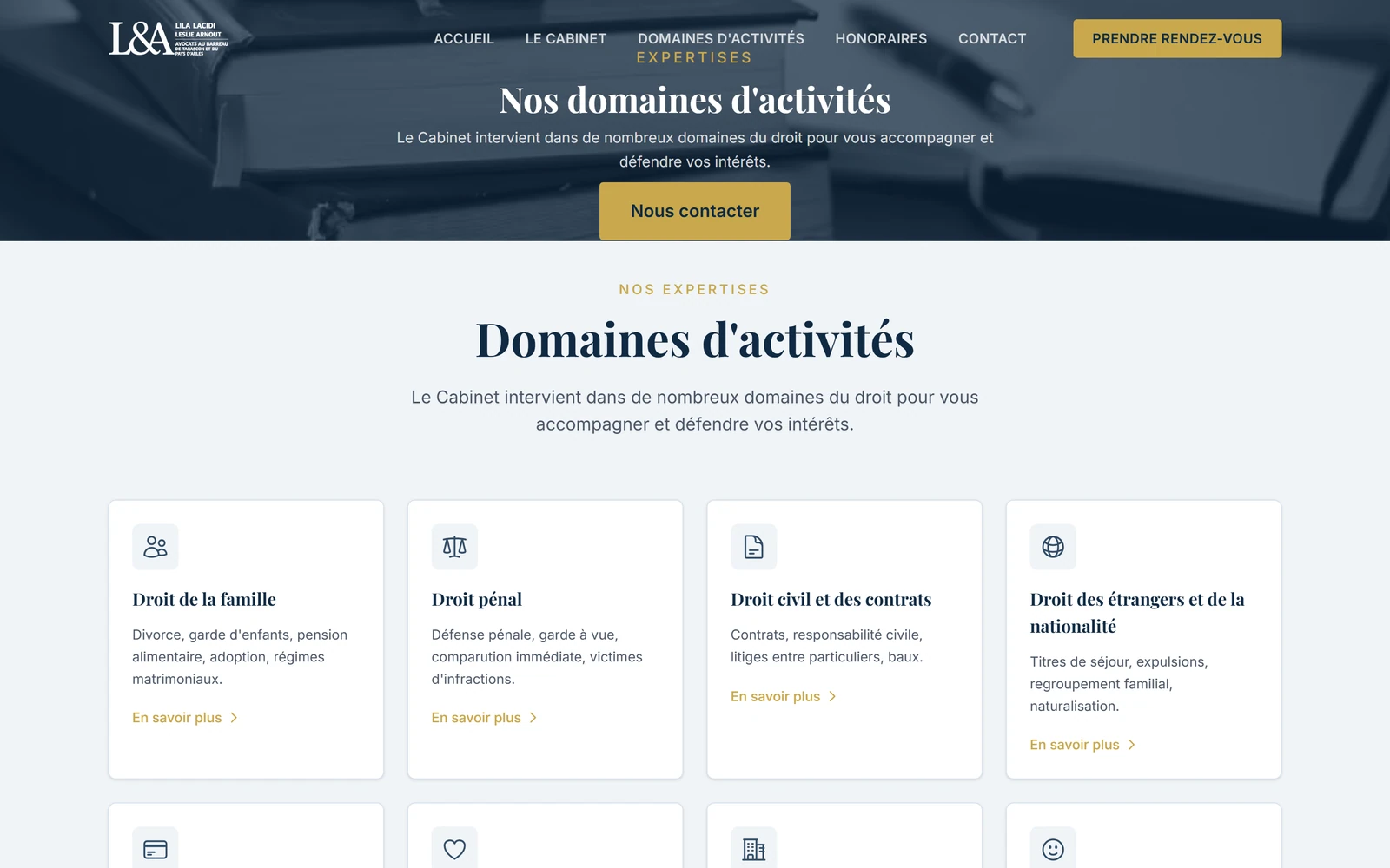 Page des domaines d'activités du cabinet Lacidi & Arnout