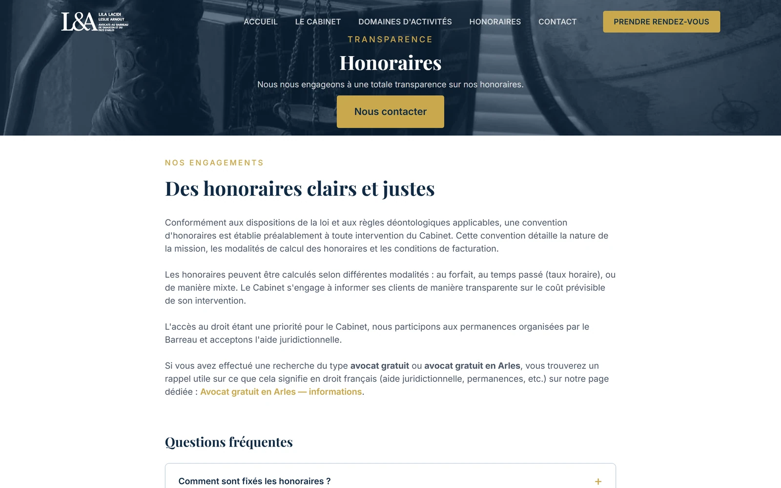 Page des honoraires du cabinet Lacidi & Arnout