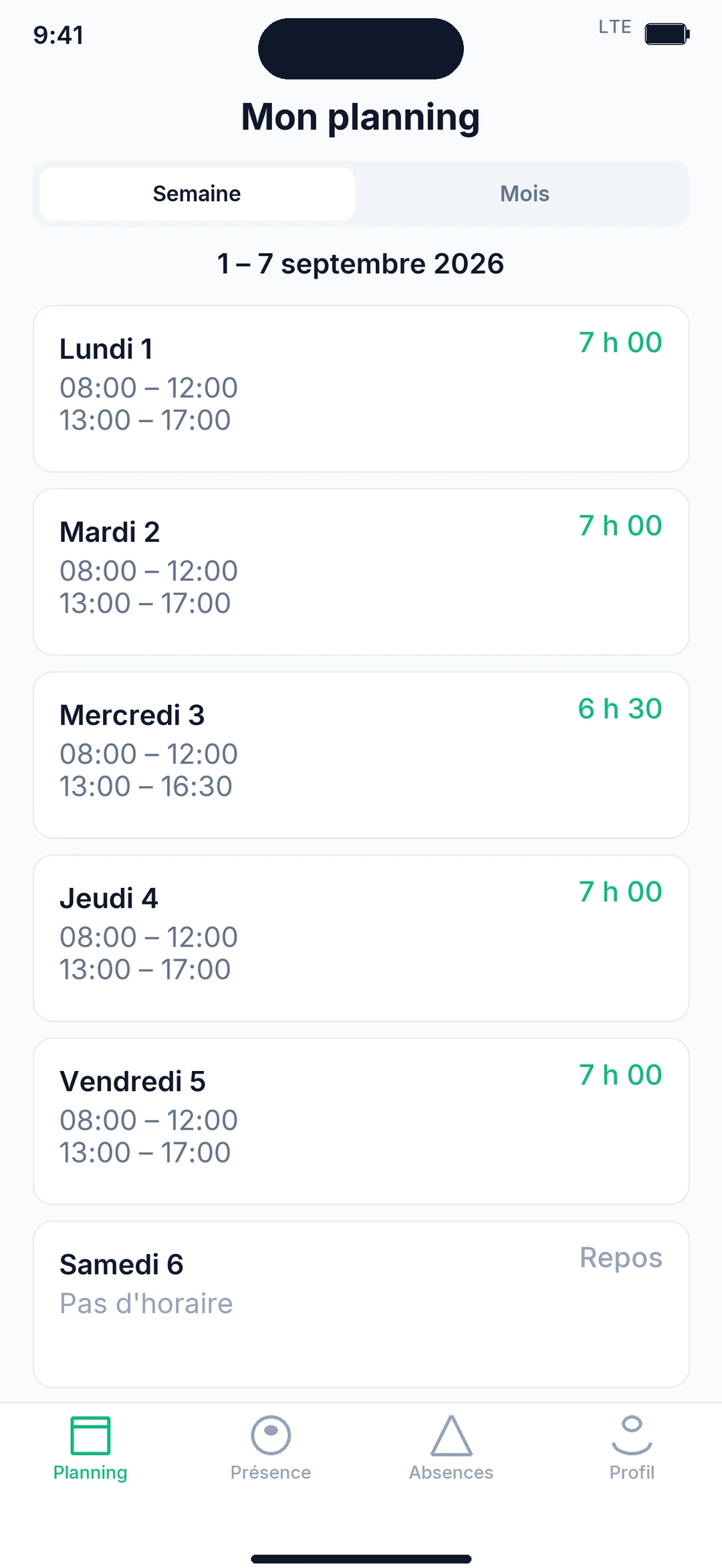MyTime : planning de la semaine (données de démonstration)