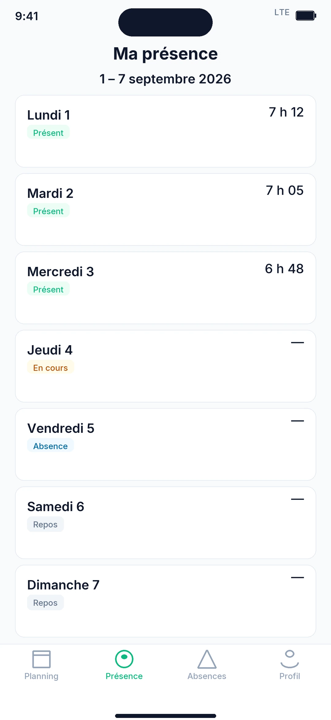 Application MyTime : présence de la semaine (données de démonstration)