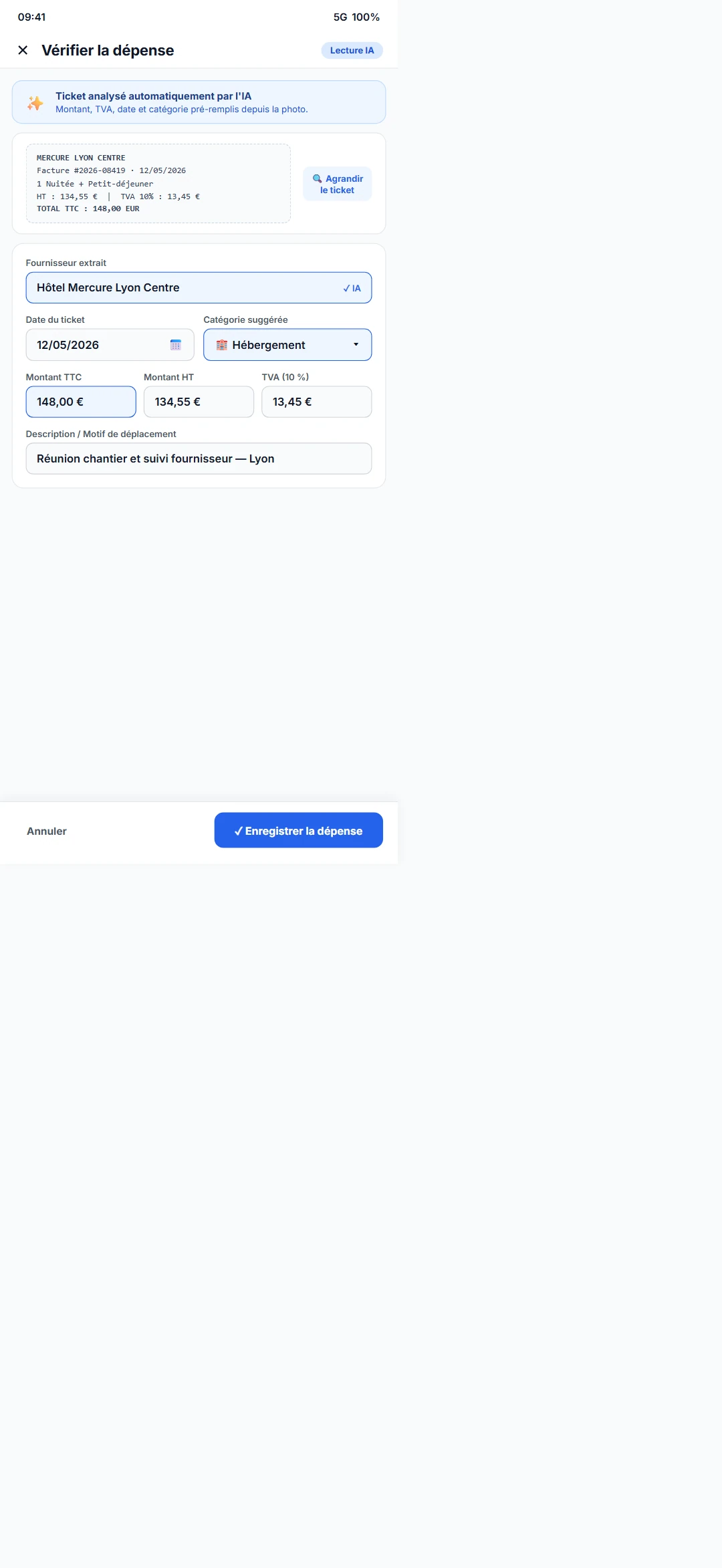 Application NDF : modification d'une dépense, montant, TVA et catégorie (exemple)