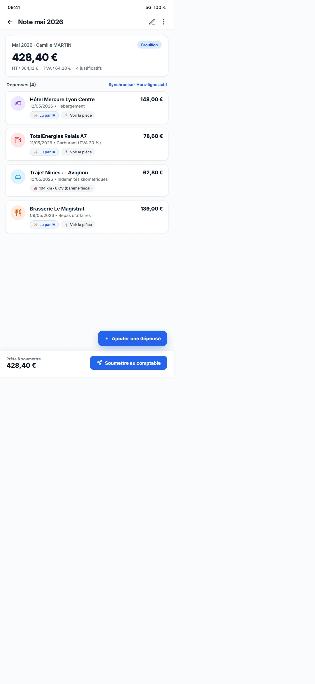 Application NDF : une note de frais en brouillon, prête à être soumise (exemple)