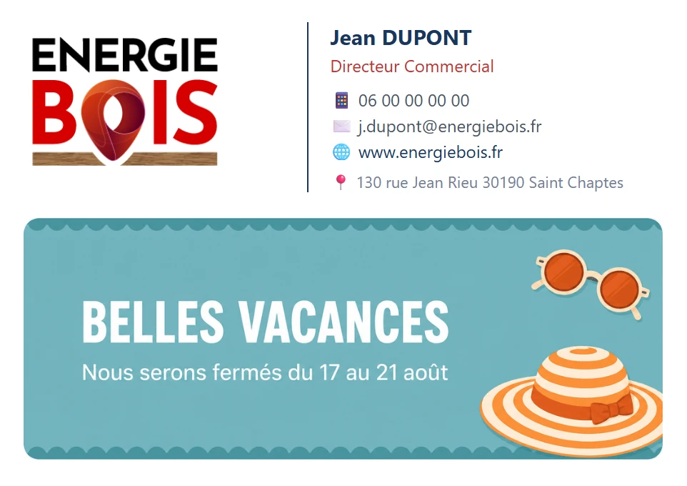 Signature e-mail NovaSign avec bandeau de campagne, au nom d'un collaborateur fictif
