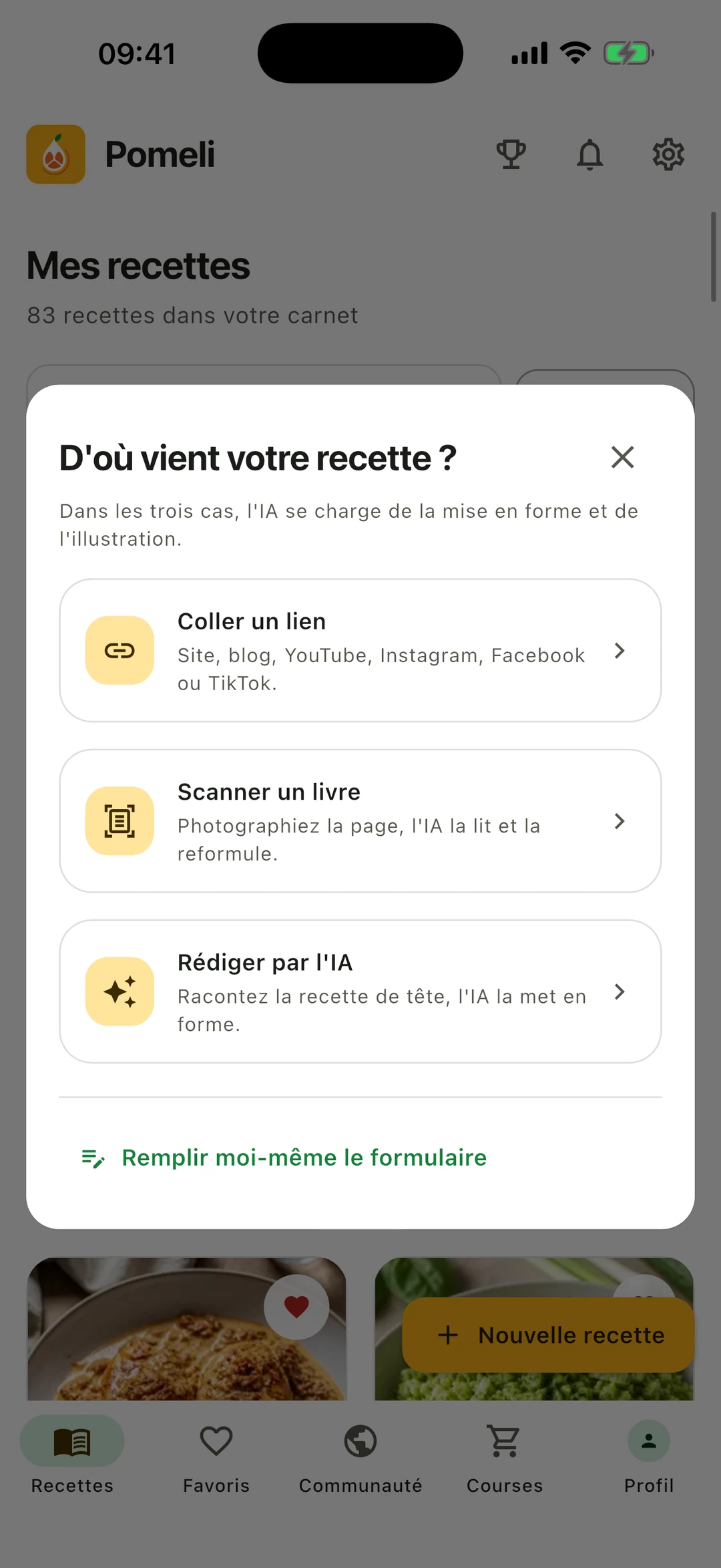 Pomeli : choix de la source d'une nouvelle recette