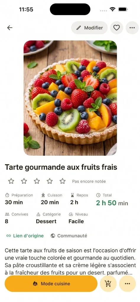Pomeli : la fiche d'une tarte aux fruits, avec les temps, les convives et le bouton Mode cuisine