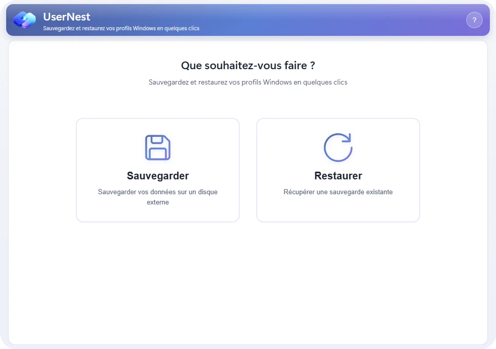 UserNest : écran d'accueil, sauvegarder ou restaurer