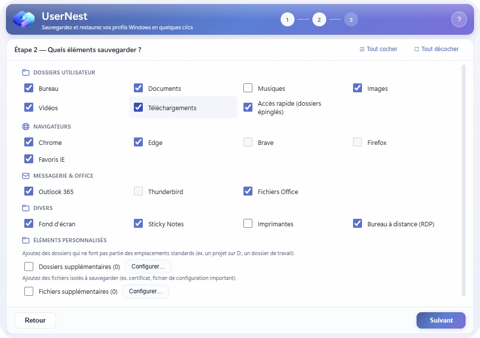 UserNest : choix des éléments à sauvegarder