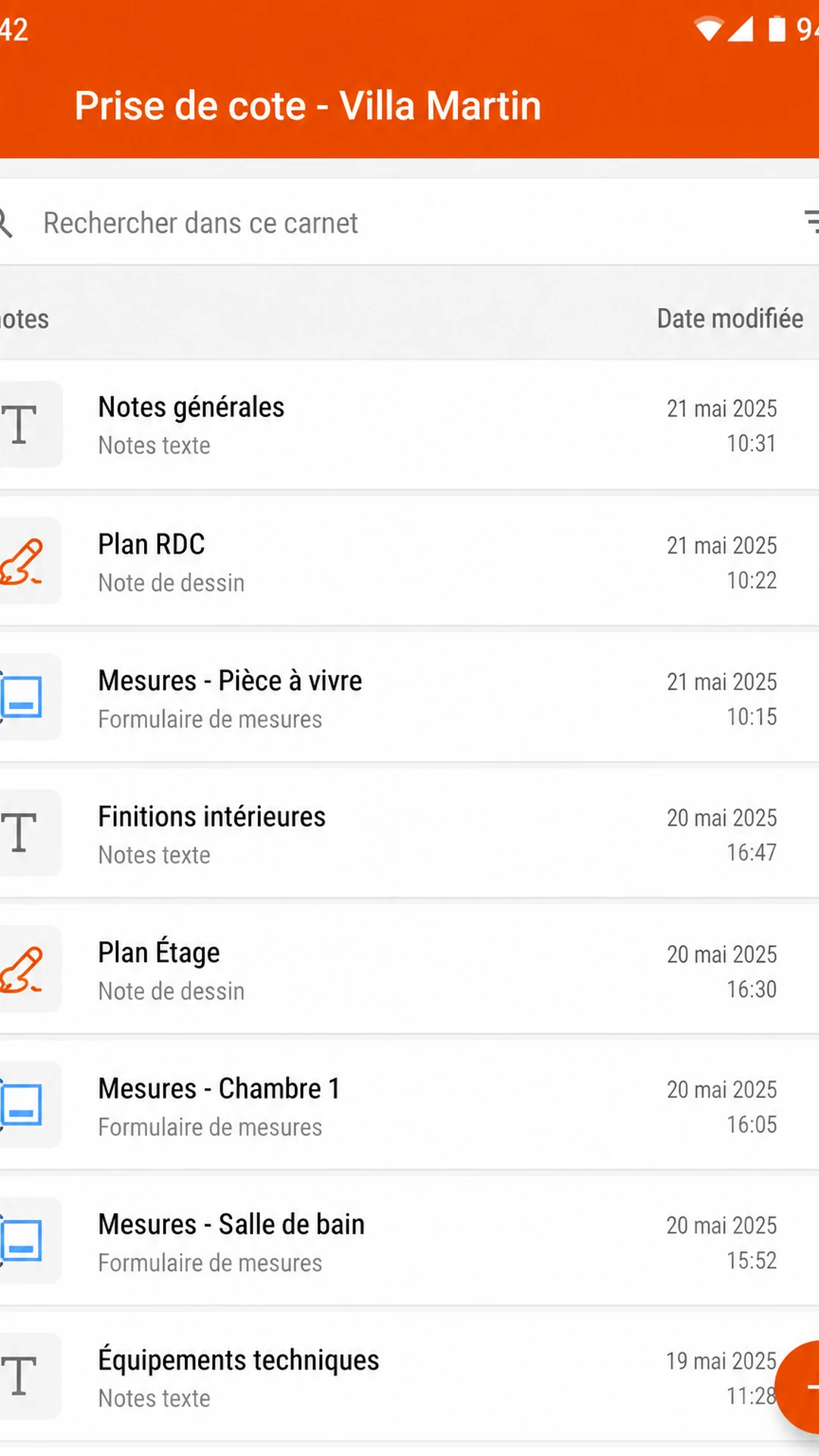 MyChacornas Notes : notes, plans et mesures d'un chantier sur tablette et mobile (données fictives)